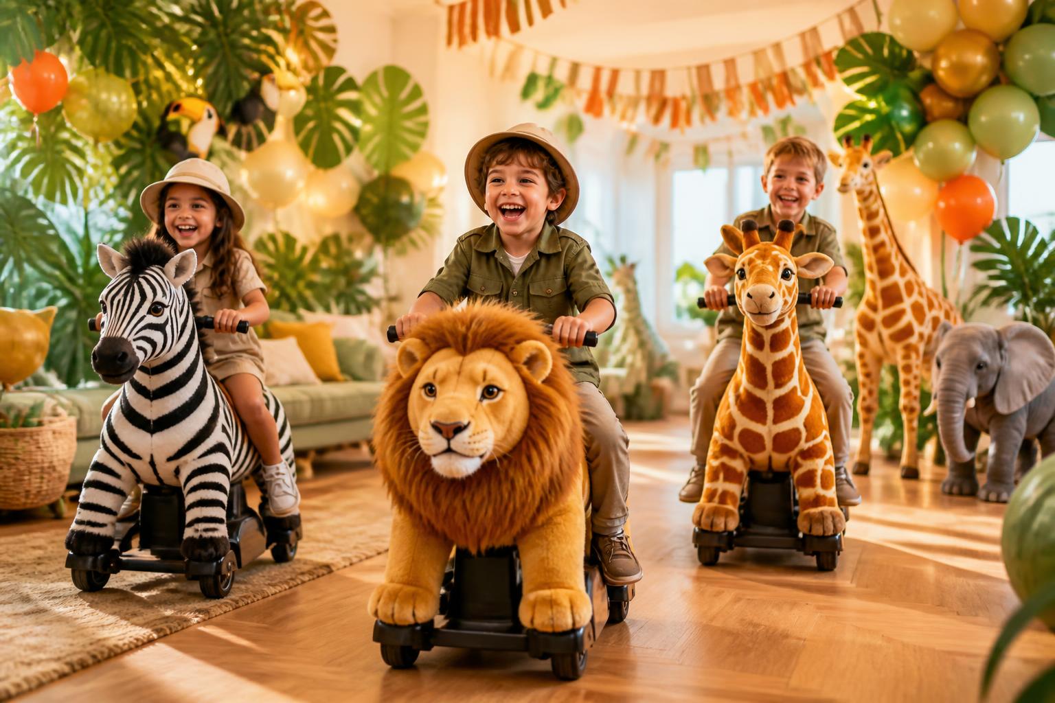 Children riding motorised safari animals at a colourful birthday party