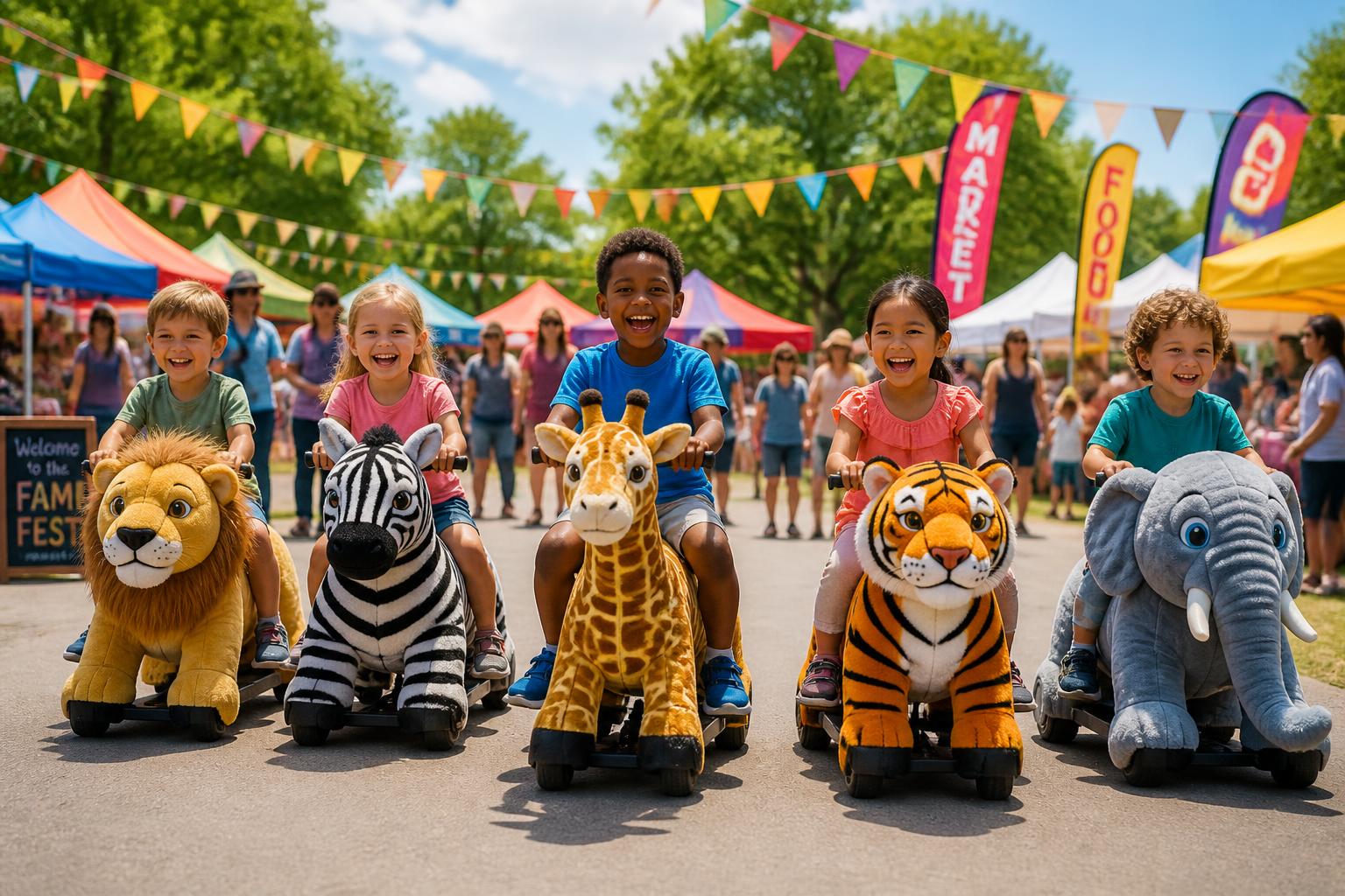 Children riding motorised safari animals at a colourful community festival